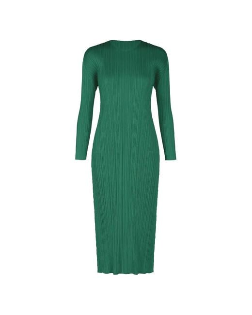Pleats Please Issey Miyake Green Long-Sleeve Pleated Midi Dress