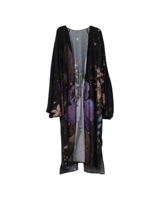 YANGKEHAN Black Maxi Floral-Print Silk Robe