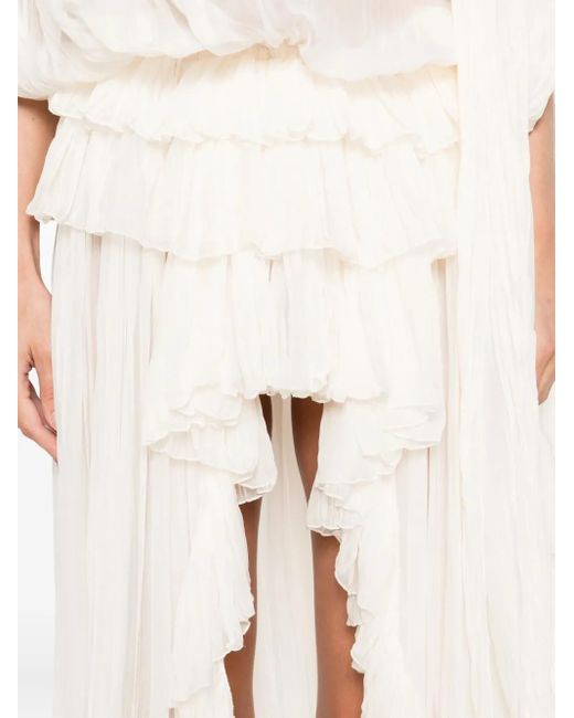 Blumarine White Pleated Ruffled Asymmetric Day Dress