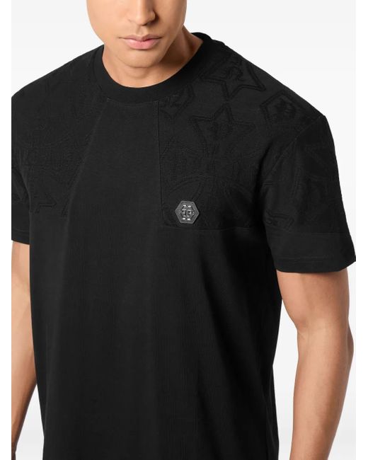 Philipp Plein Black Round-Neck T-Shirt Jacquard Crest Cut for men