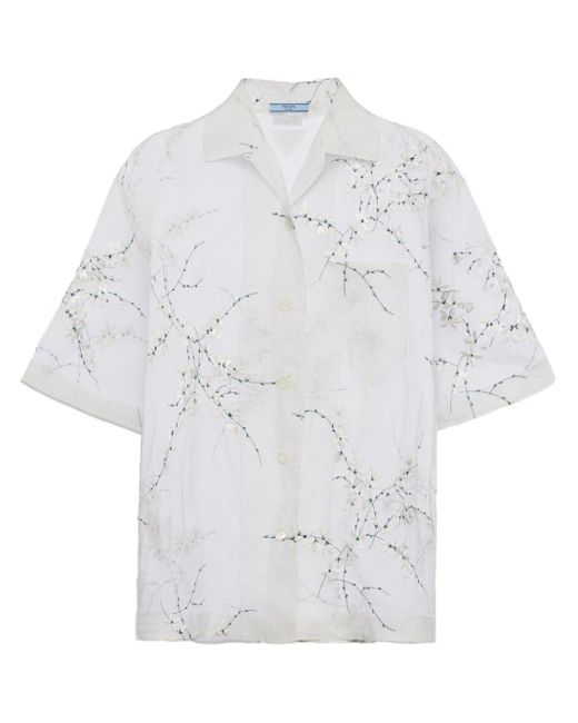 Chemise en soie transparente à fleurs brodées Prada en coloris White