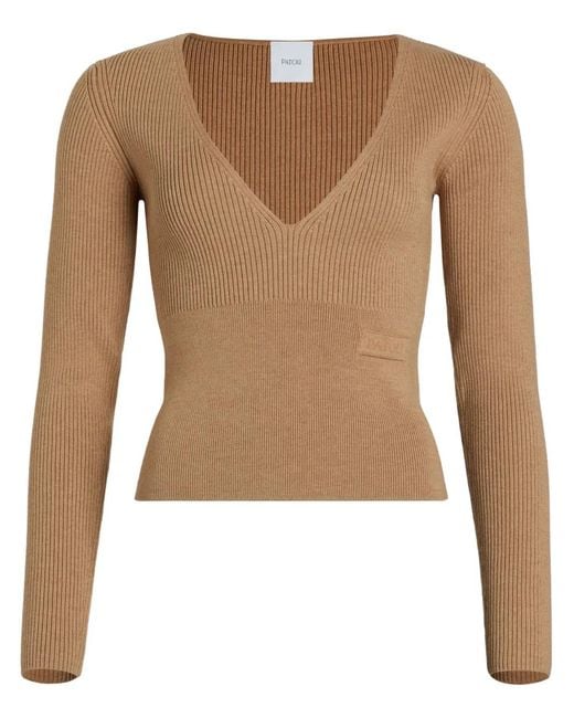 Patou Brown V-Neck Ribbed Sweater