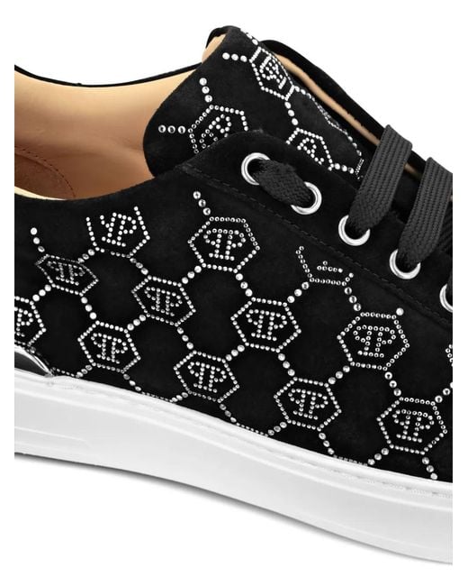 Philipp Plein Black Rhinestone Monogram Sneakers for men