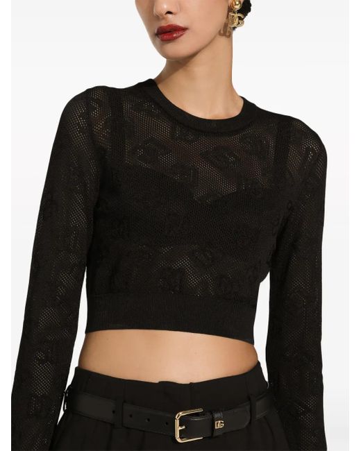 Dolce & Gabbana Black Monogram Open-Knit Crop Top