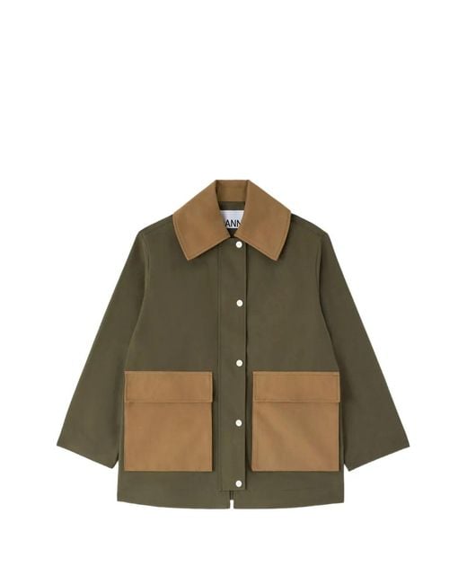 Ganni Green Contrast-Collar Elbow-Patch Jacket