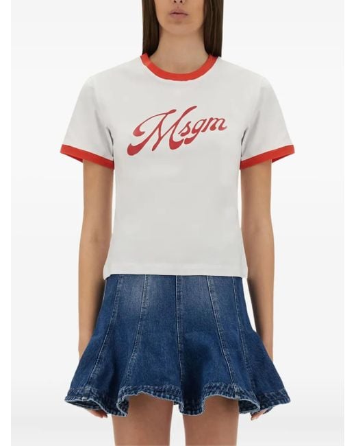 MSGM White Contrast-Trim Logo-Print T-Shirt