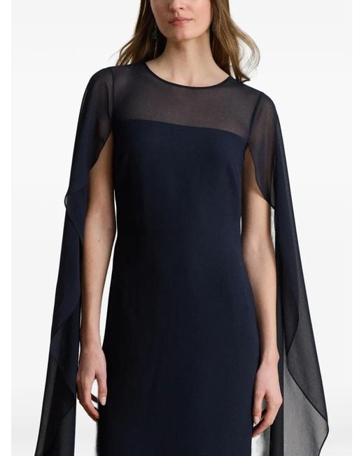 Ralph Lauren Blue Cape-Overlay Georgette Gown Maxi Dress