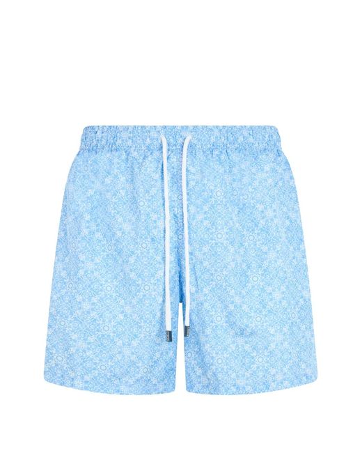 Fedeli Blue Patterned-Print Drawstring Swim Shorts for men