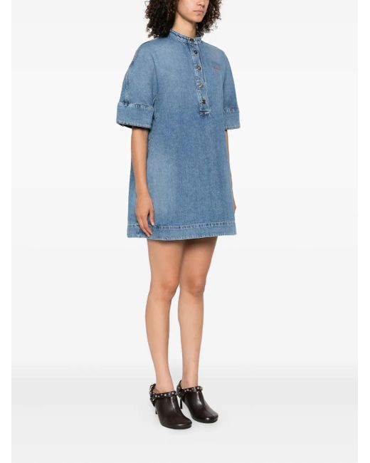 Givenchy Blue Embroidered Button-Placket Mini Dress