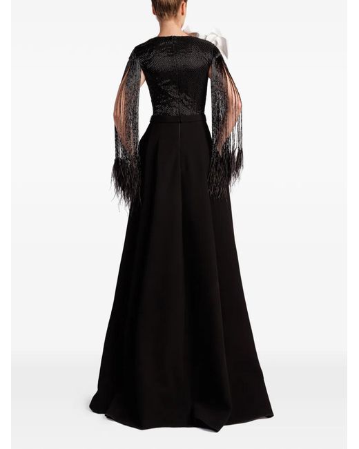 Gatti Nolli by Marwan Black Flower-Detail Fringed Mermaid Gown