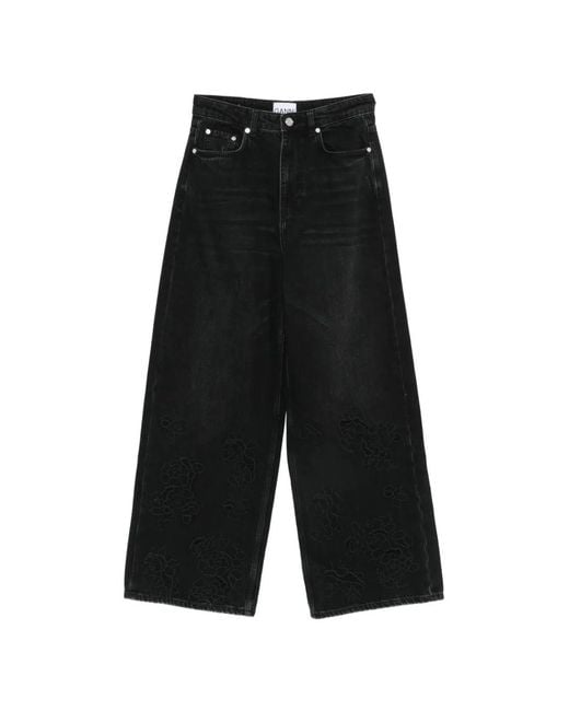 Ganni Black Floral-Embroidered Wide-Leg Jeans