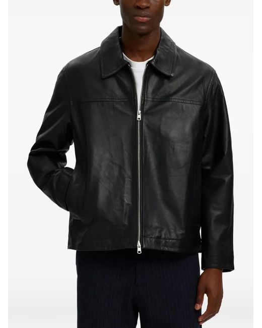 SELECTED Black Lucas Zip-Up Leather Jacket for men