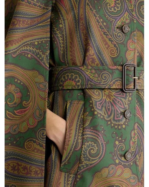 Etro Green Cotton Gabardine Trench Coat-Style Cape With Paisley Motif