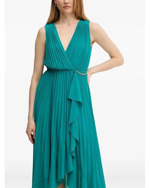 Morgan Green Pleated V-Neck Midi Dress