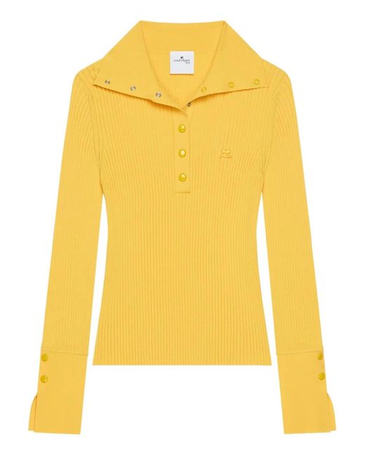 Courreges Yellow Ribbed-Knit Polo Top