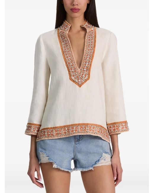 Alice + Olivia White Eleonora Embellished Linen Tunic Top