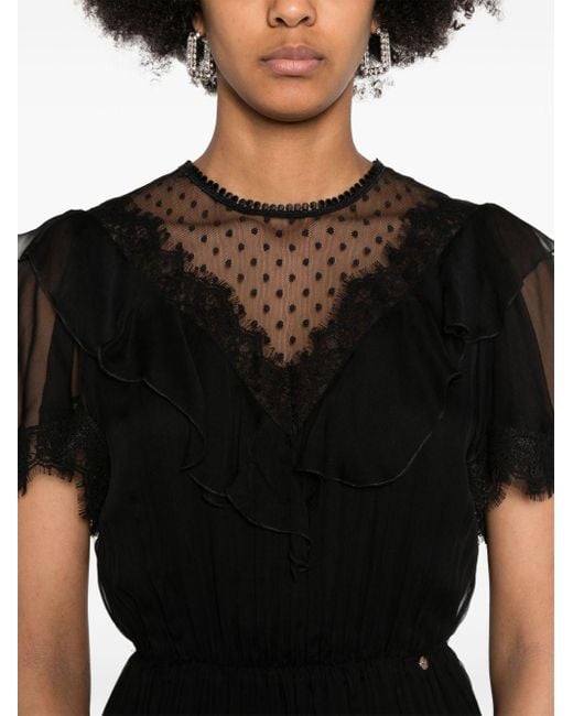 Nissa Black Lace-embellished Silk Dress