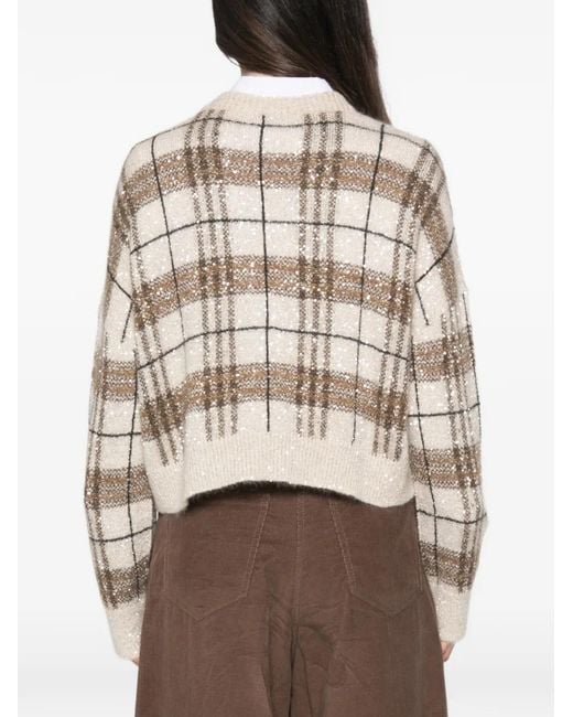 Brunello Cucinelli White Plaid-Pattern Sequin-Embellishment Sweater