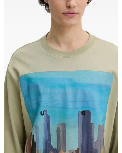 HUGO Blue Cityscape-Print Long-Sleeve T-Shirt for men