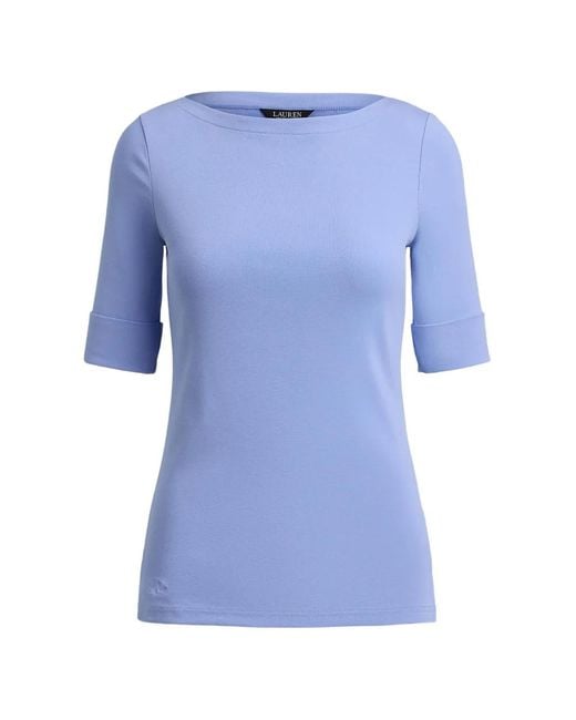 Ralph Lauren Blue Boat-Neck Turn-Up-Cuff T-Shirt