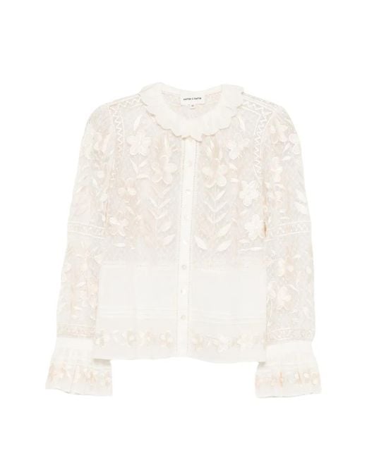 Antik Batik Carioca Blouse Met Geborduurde Bloemen En Gewelfde Kraag in het White
