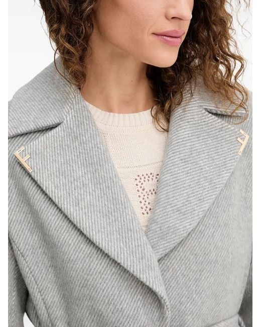 Fracomina Gray Herringbone-Pattern Belted Coat