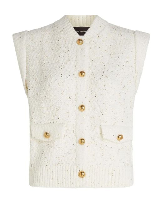 Karl Lagerfeld White Bouclé Button Vest