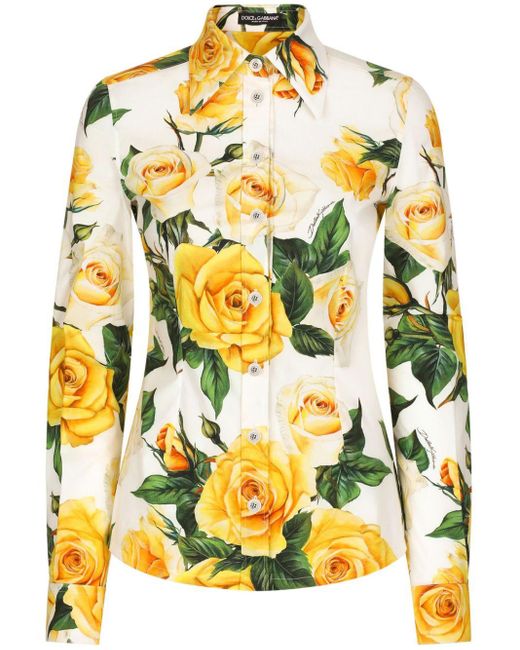 Dolce & Gabbana Yellow Lange Bluse Aus Baumwolle Gelbe-Rosen-Print