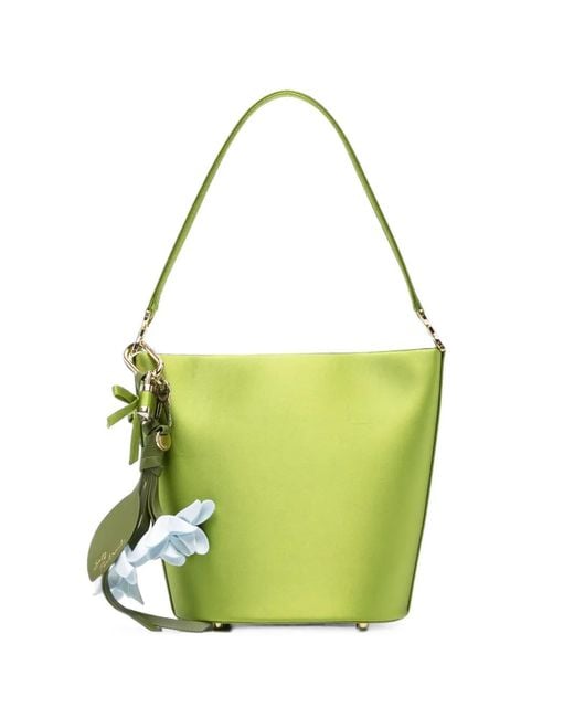 Self-Portrait Green Floral-Charm Satin Bucket Bag