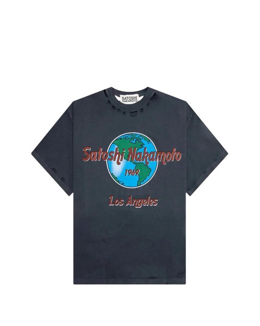 Satoshi Nakamoto Blue Distressed Graphic-Print T-Shirt for men