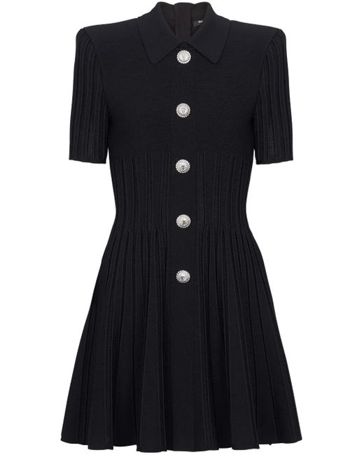 Balmain Black Flared Ribbed-knit Mini Dress