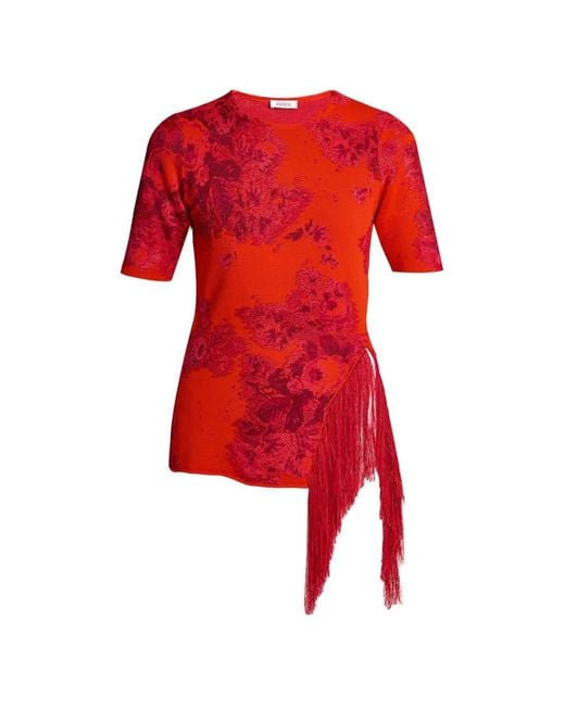 Erdem Red Floral Fringe Knitted Top