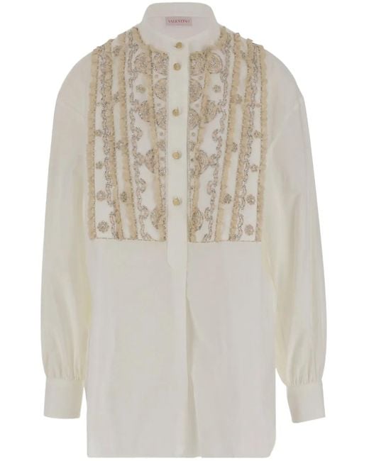Valentino Garavani White Bead-embroidered Cotton Shirt