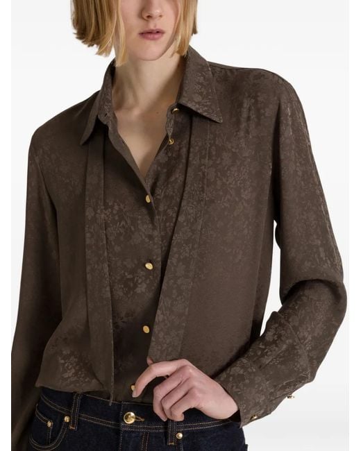 Alberta Ferretti Brown Floral-Jacquard Pussy-Bow Blouse