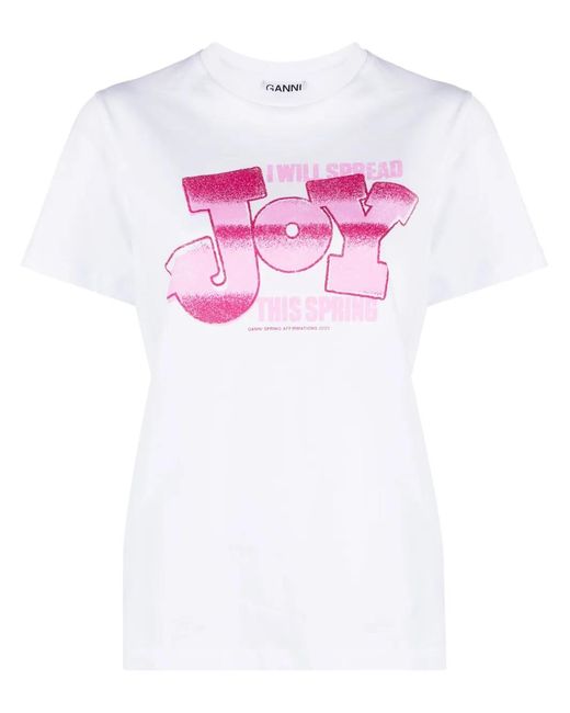 Ganni Pink Slogan-Print Cotton-Jersey T-Shirt