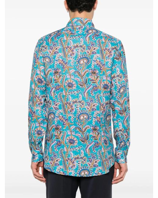 Etro Blue Floral-Print Linen Shirt for men