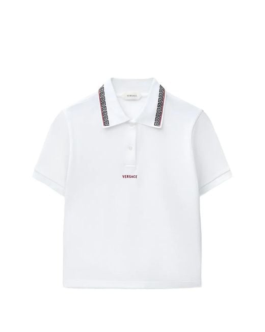 Versace White Medusa Emblem Embroidered Polo Shirt With Greek Motif, Three-Button Closure & Ribbed Trim