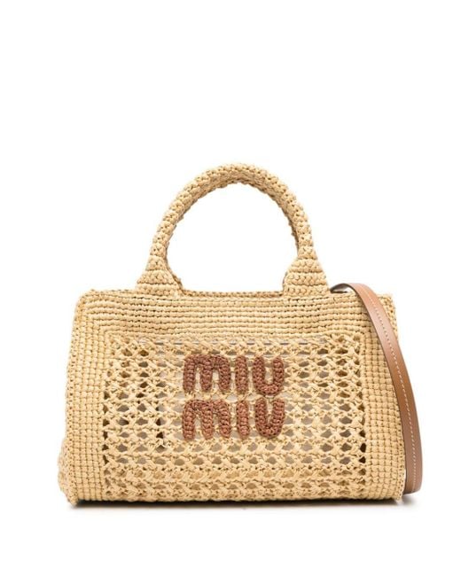 Miu Miu Metallic Logo-embroidered Raffia Tote Bag