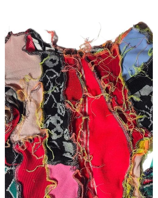 Borbala Red Patchwork Frayed-Edge Sweater