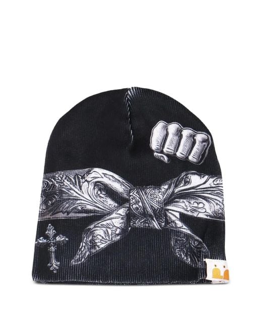 PDF CHANNEL Black Tied-Bandana Printed Beanie for men