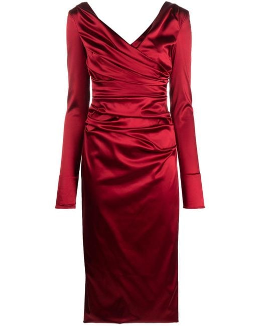 Dolce & Gabbana Red Draped Satin Midi Dress
