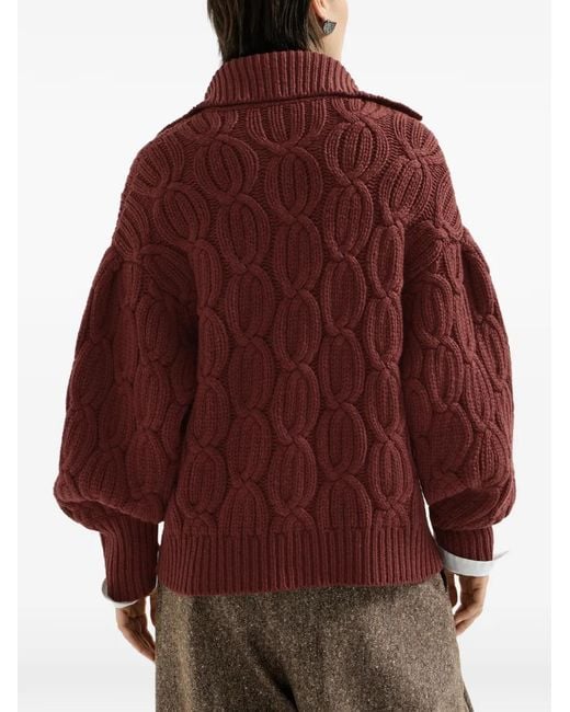 Brunello Cucinelli Red Cashmere Feather-Yarn Heritage Cable Cardigan