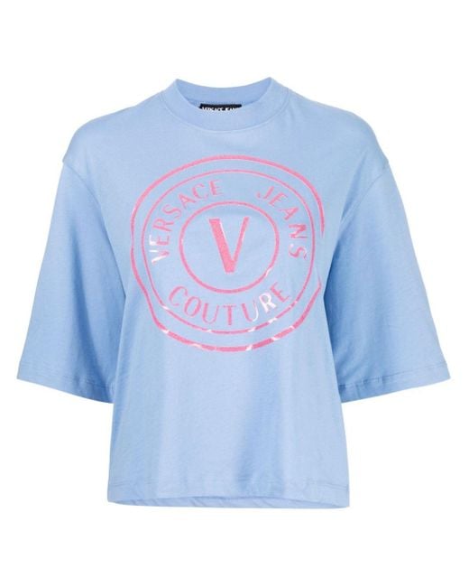 Versace Katoenen T-shirt Met Logopatch in het Blue