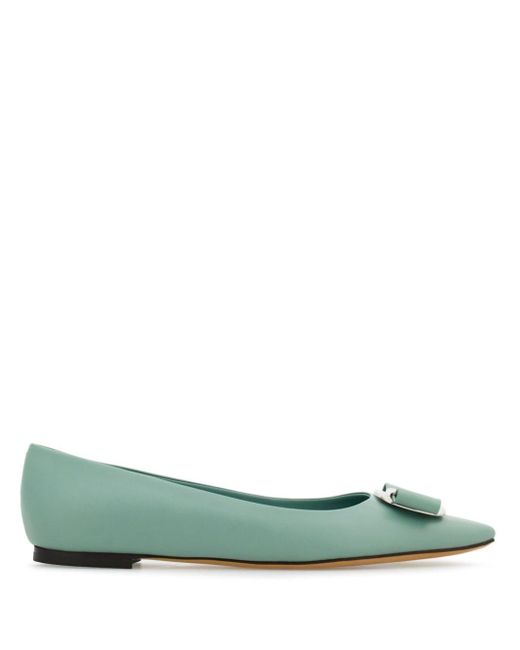 Ferragamo Green New Vara-bow Lambskin Ballerina Shoes