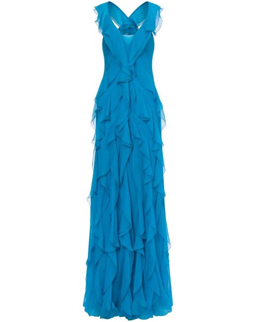 Alberta Ferretti Blue Silk Ruffled Gown