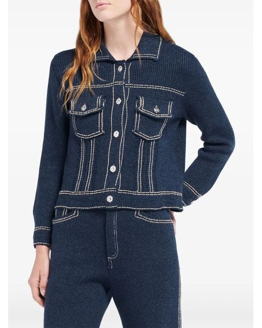 Barrie Blue Contrast-Stitch Knitted Jacket