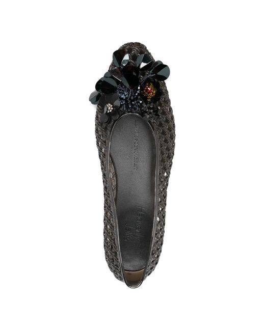 HEAVENLY JELLY Black Flower Embellishment Woven Ballet Flats