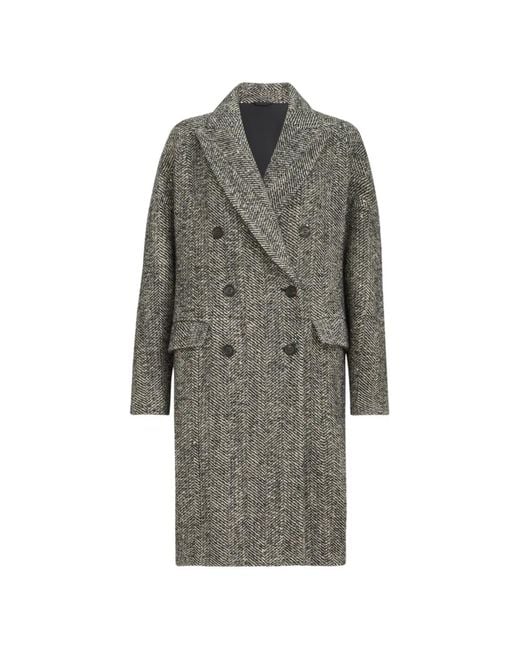 Brunello Cucinelli Gray Dazzling Virgin Wool And Alpaca Chevron Coat With Monili