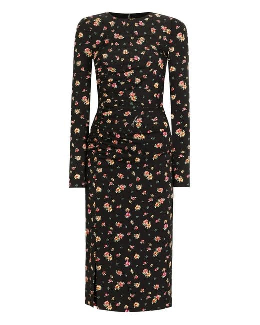 Dolce & Gabbana Black Floral Long-Sleeve Midi Dress