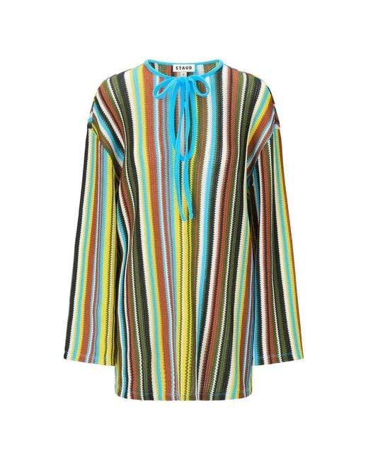 Staud Blue Catalina Striped Tie-Neck Mini Dress
